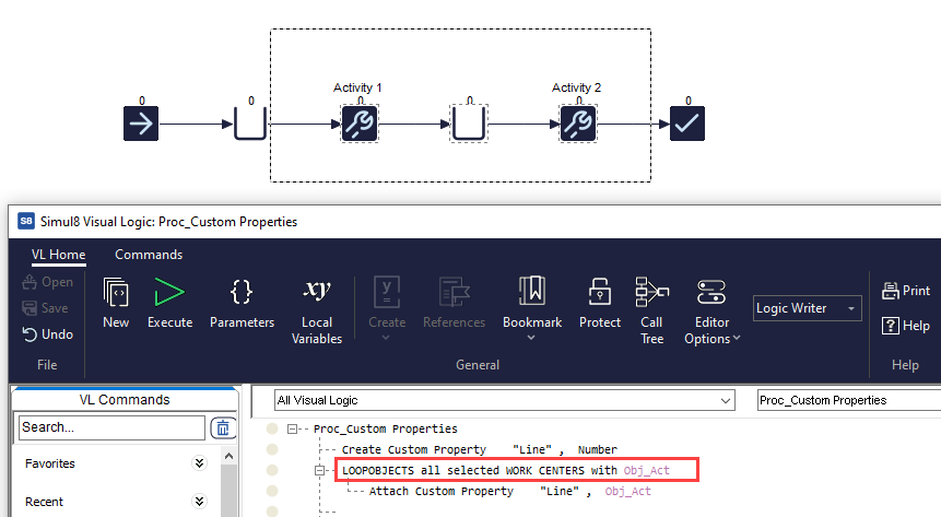 SIMUL8 Custom Property Visual Logic selected