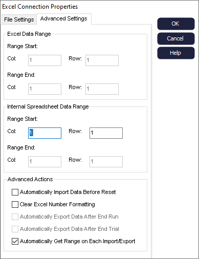 Simul8 Excel Connection Advanced Settings
