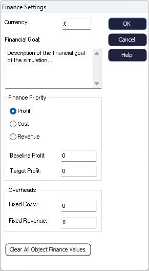 Simul8 Finance Settings Dialog