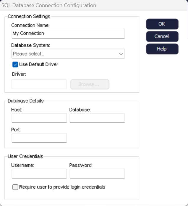 SQL Database Connection Configuration Dialog