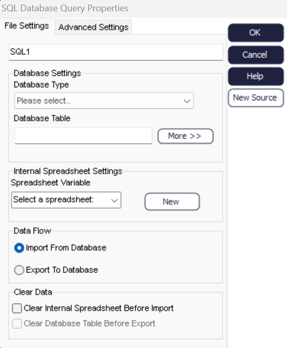 SQL Database Query Properties Dialog