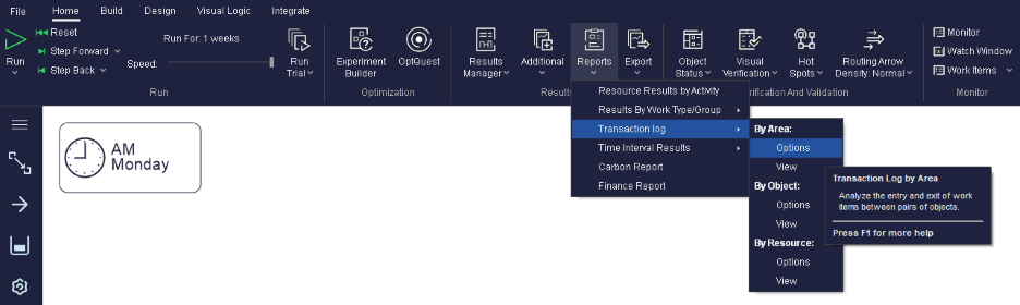 Simul8 Transaction Log by Area Ribbon