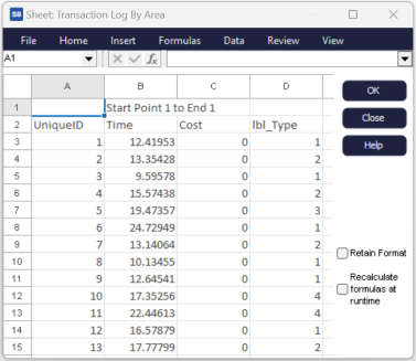 Simul8 Transaction Log by Area Sheet