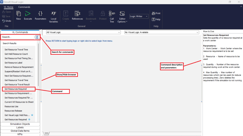 Simul8 Visual Logic command browser